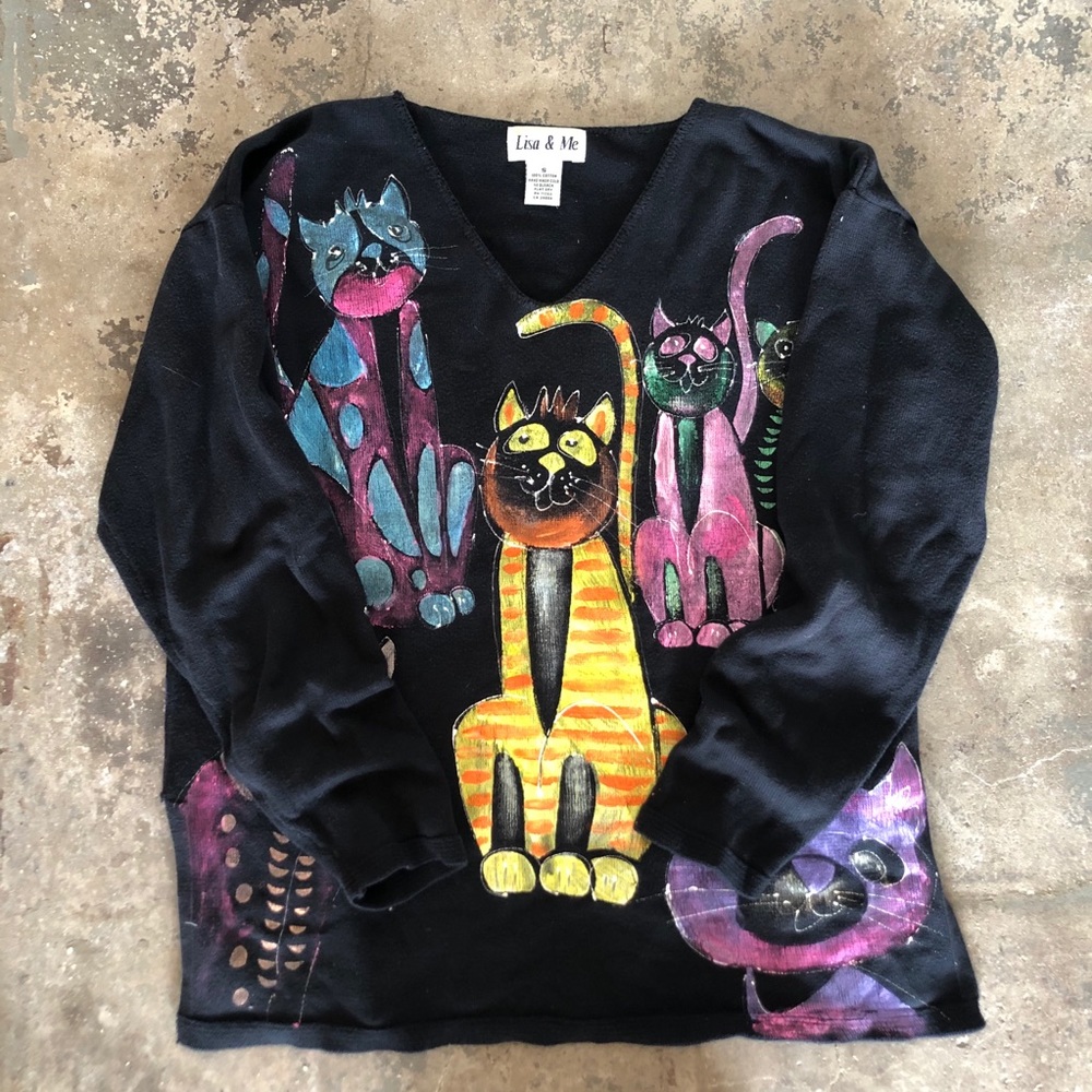 Vintage Colorful Rainbow Cat Sweater Black